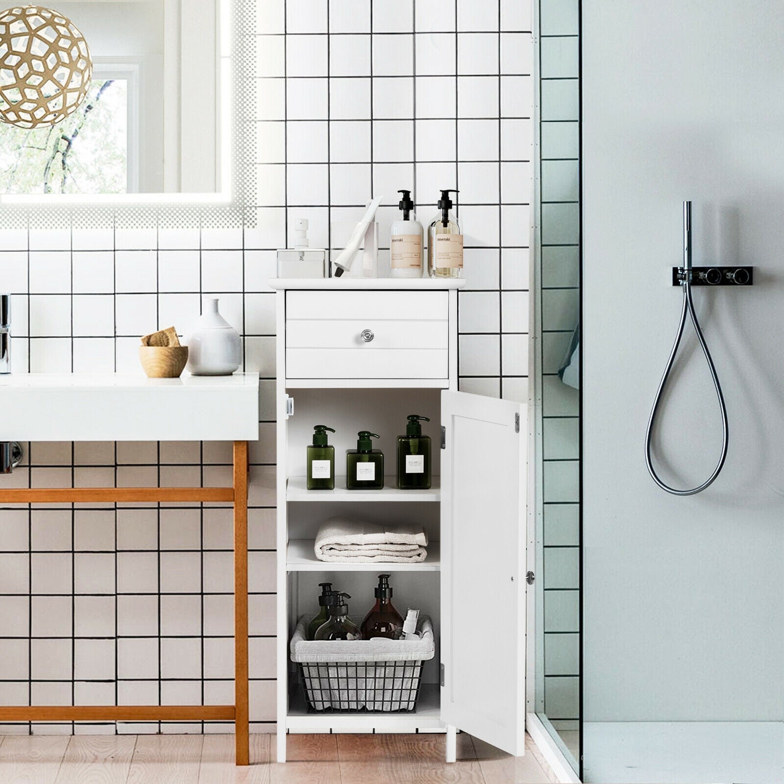 Wooden Bathroom Floor Storage Cabinet with Drawer and Shelf-WhiteÂ