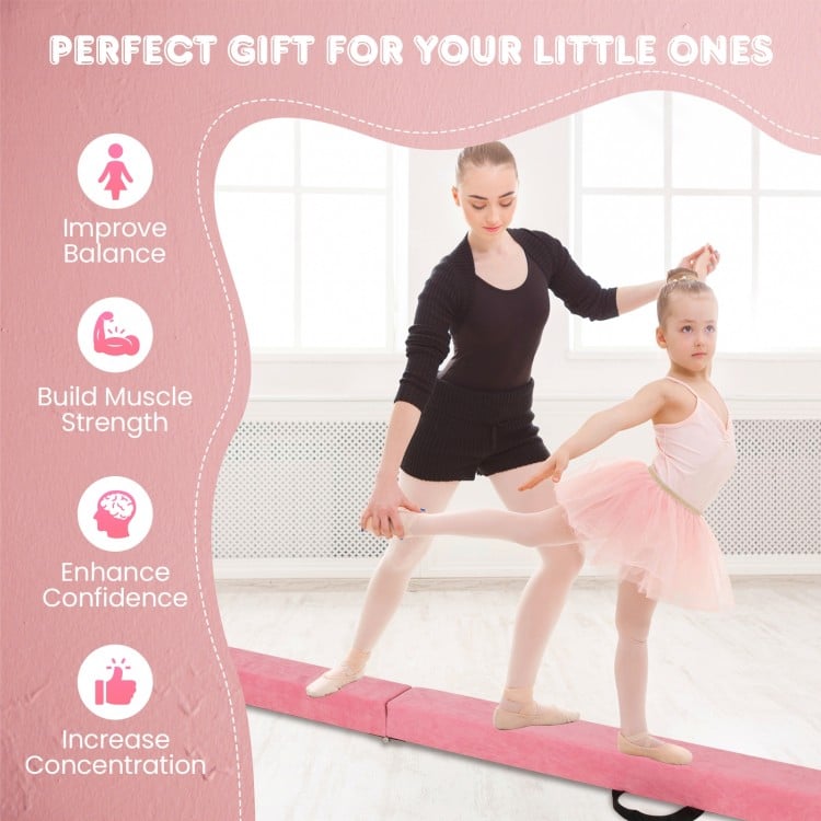 9 FT Folding Gymnastics Balance Beam with Anti-slip Base and Pine Wood Frame-Pink