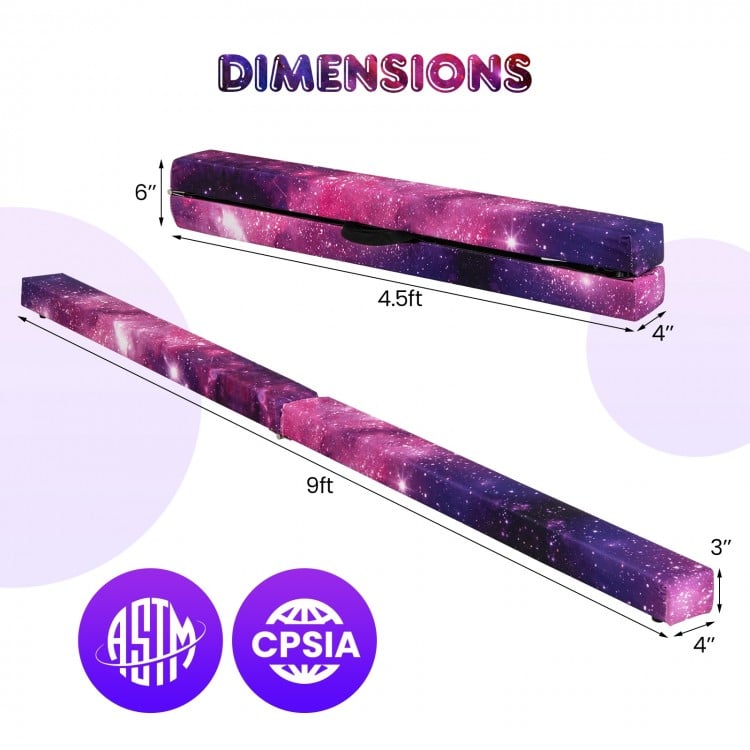 9 FT Folding Gymnastics Balance Beam with Anti-slip Base and Pine Wood Frame-Multicolor