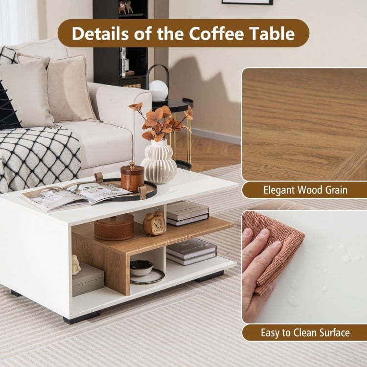 Rectangular Coffee Table with L-shaped Middle Shelf-White