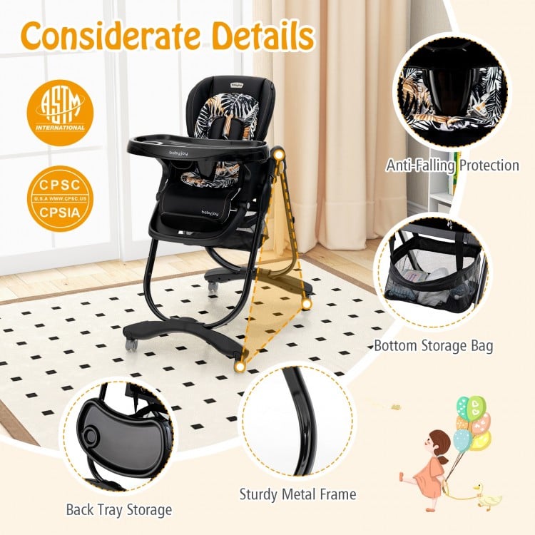 Multifunctional Folding Baby High Chair with Rolling Wheels and Adjustable Height-Black