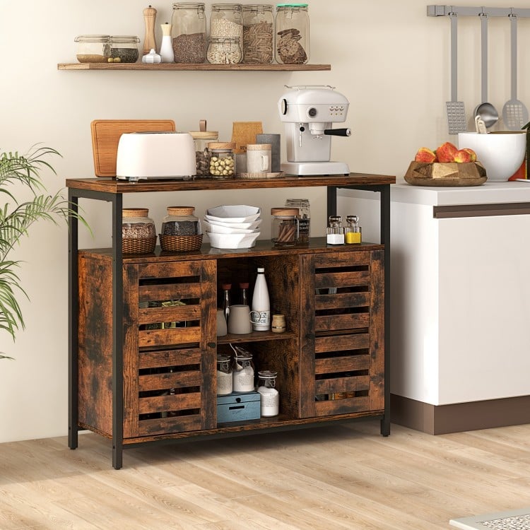 Buffet Cabinet Industrial Sideboard Storage Cabinet with Push-to-Open Slatted Door and 3 Adjustable Shelves-Rustic Brown
