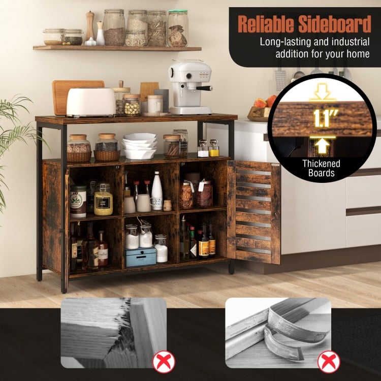 Buffet Cabinet Industrial Sideboard Storage Cabinet with Push-to-Open Slatted Door and 3 Adjustable Shelves-Rustic Brown