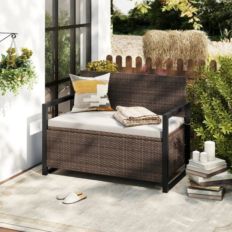 Patio Storage Bench – 2-Seat Outdoor Rattan Bench with 40 Gallon Storage & Cushion