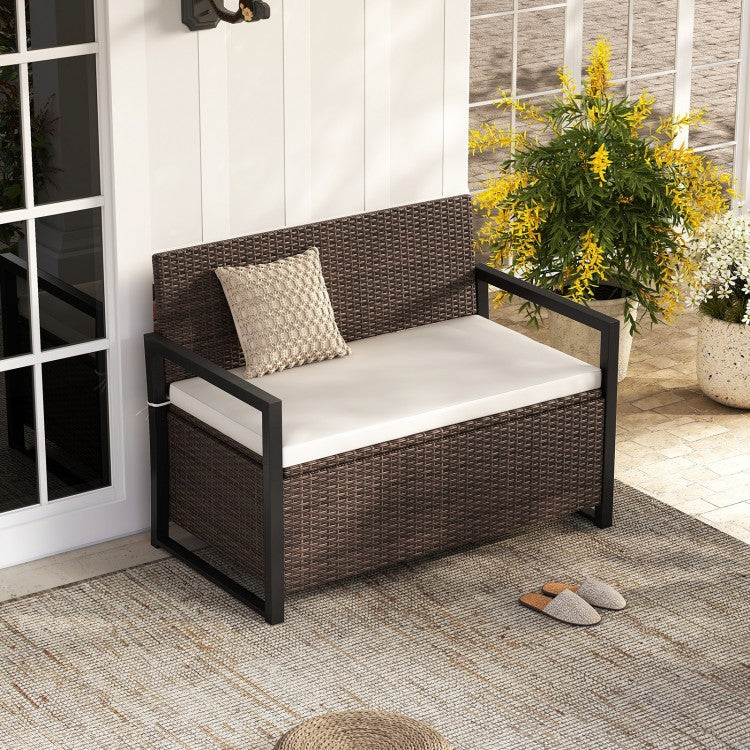 Patio Storage Bench – 2-Seat Outdoor Rattan Bench with 40 Gallon Storage & Cushion