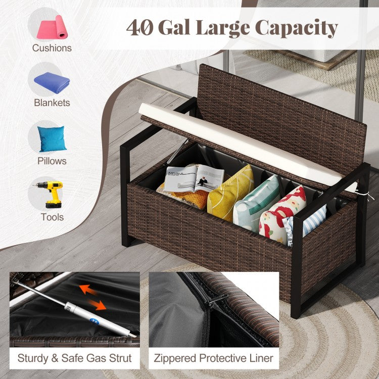 Patio Storage Bench – 2-Seat Outdoor Rattan Bench with 40 Gallon Storage & Cushion