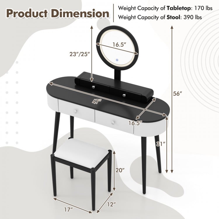 Makeup Vanity Table Set with LED Mirror and 3 Spacious Drawers-White-Dark Wood