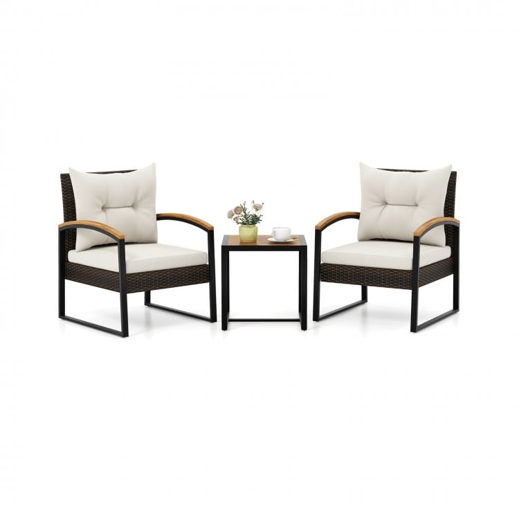 3 Piece Patio Conversation Set with Solid Acacia Wood Armrests and Tabletop-White