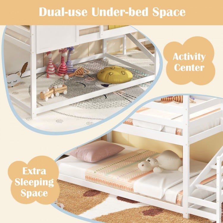 Twin House Bed with Stairs and Roof for Kids-White