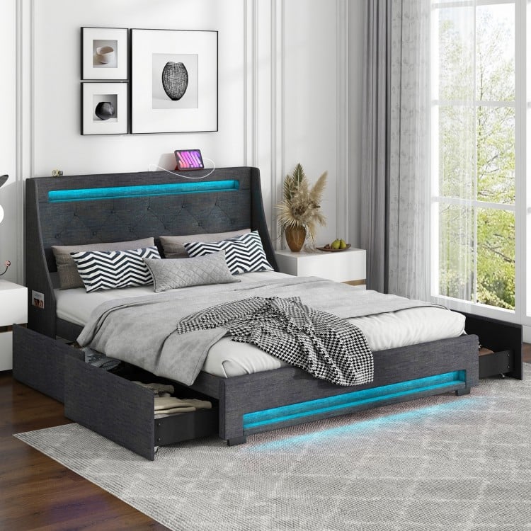 Full Size Bed Frame with LED Lights Wingback Headboard and Charging Station-Grey