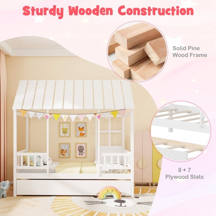 Twin Size House Bed with Trundle Kids Platform Bed with Roof Window-White