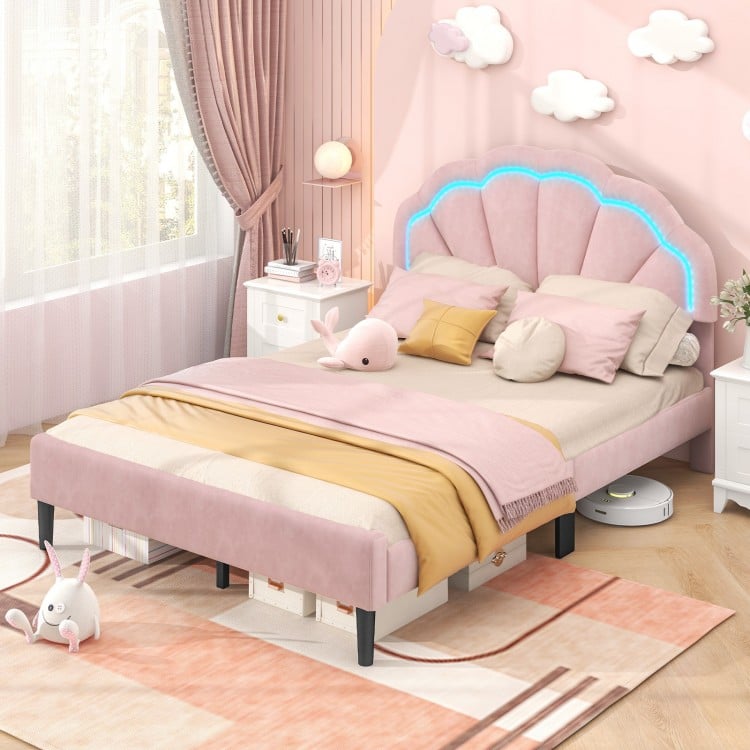 Upholstered LED Bed Frame with Adjustable Flower Headboard and Metal Support Feet-Full Size