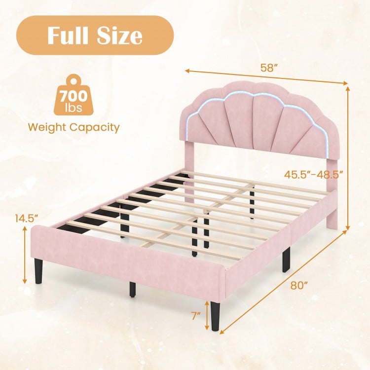 Upholstered LED Bed Frame with Adjustable Flower Headboard and Metal Support Feet-Full Size