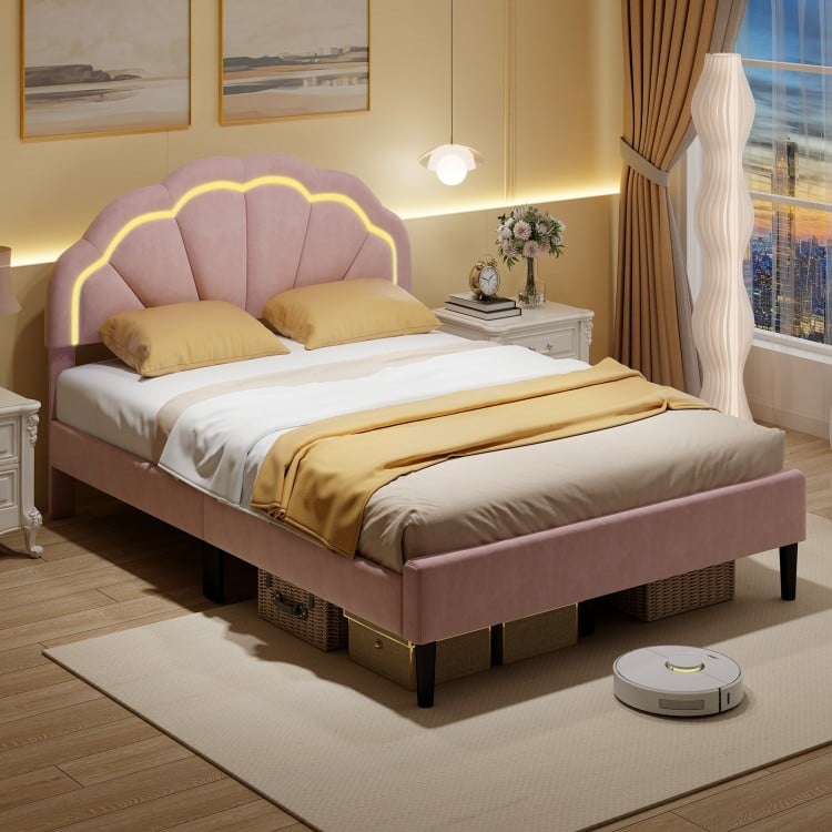 Upholstered LED Bed Frame with Adjustable Flower Headboard and Metal Support Feet-Full Size
