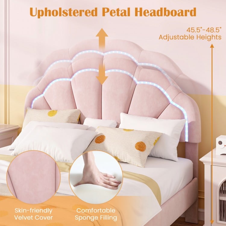 Upholstered LED Bed Frame with Adjustable Flower Headboard and Metal Support Feet-Full Size