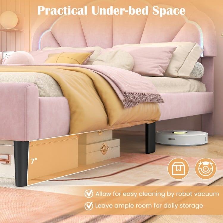 Upholstered LED Bed Frame with Adjustable Flower Headboard and Metal Support Feet-Full Size