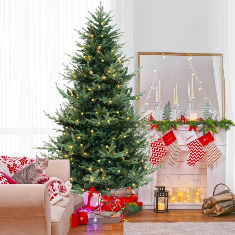 8 FT Pre-Lit Artificial Hinged Xmas Tree with 778/1480 PVC and PE Branch Tips