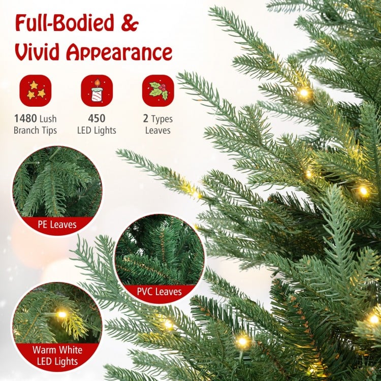 8 FT Pre-Lit Artificial Hinged Xmas Tree with 778/1480 PVC and PE Branch Tips