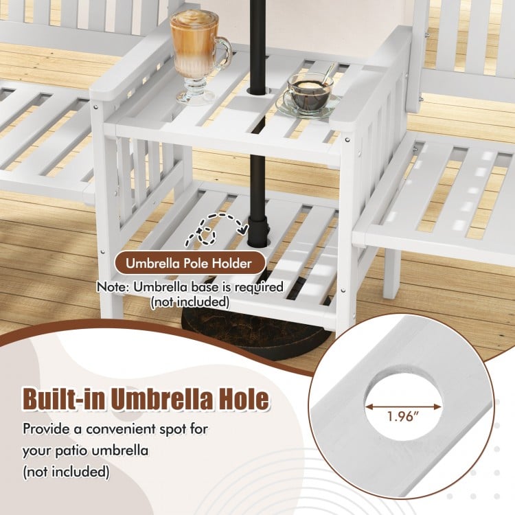 Outdoor Fir Wood Loveseat with 2-Tier Side Table and 1.96" Umbrella Hole-White
