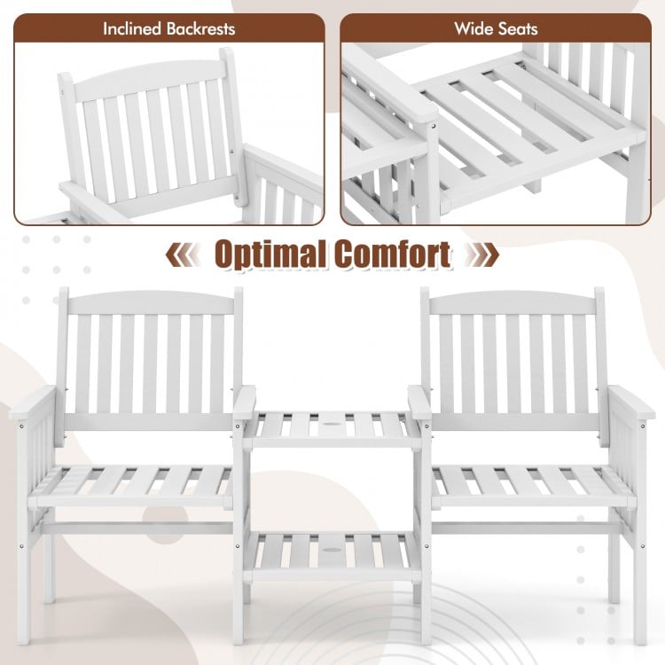 Outdoor Fir Wood Loveseat with 2-Tier Side Table and 1.96" Umbrella Hole-White