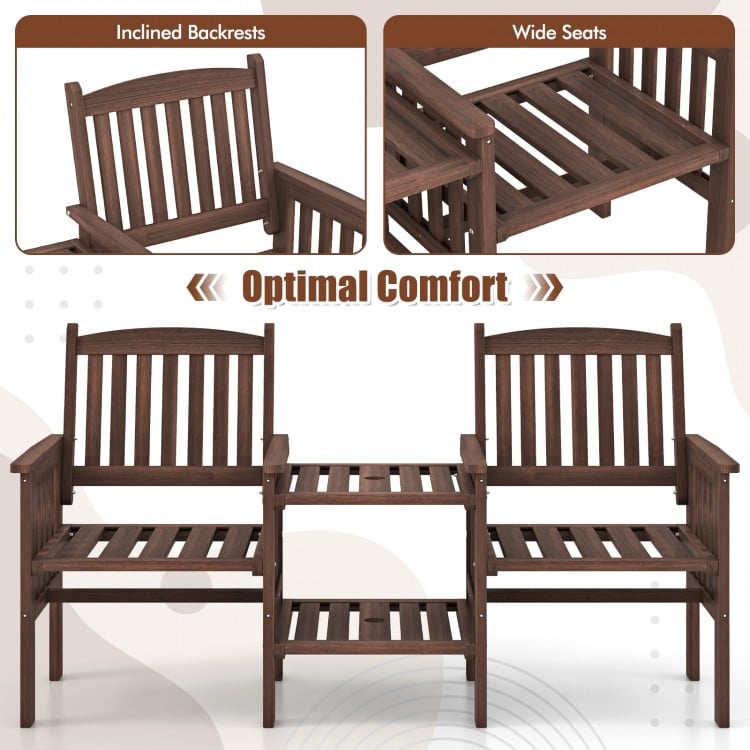 Outdoor Fir Wood Loveseat with 2-Tier Side Table and 1.96" Umbrella Hole-Coffee