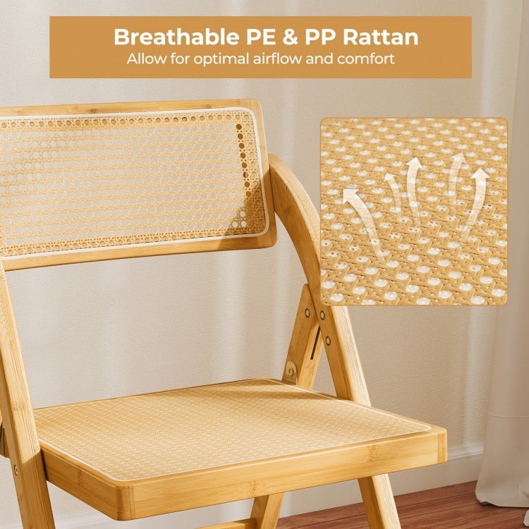 Rattan Cane Folding Dining Chairs Set of 2 with Rotatable Backrests-Natural