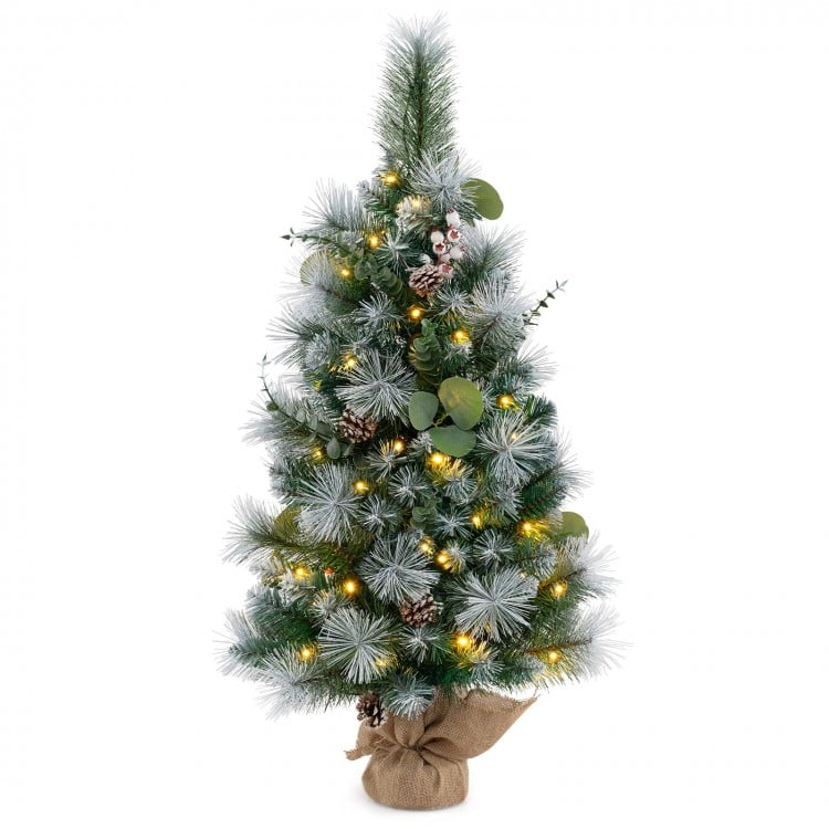 3 FT Pre-Lit Artificial Mini Christmas Tree with 98 Flocked PVC and Pine Needles