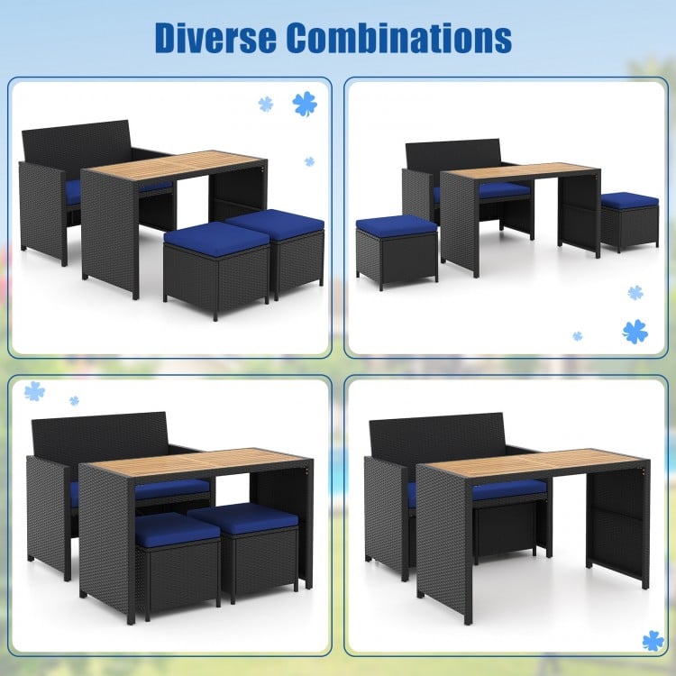 4 Piece Outdoor Dining Set with Wood Topped Dining Table Rattan Loveseat Chair and 2 Ottomans-Navy