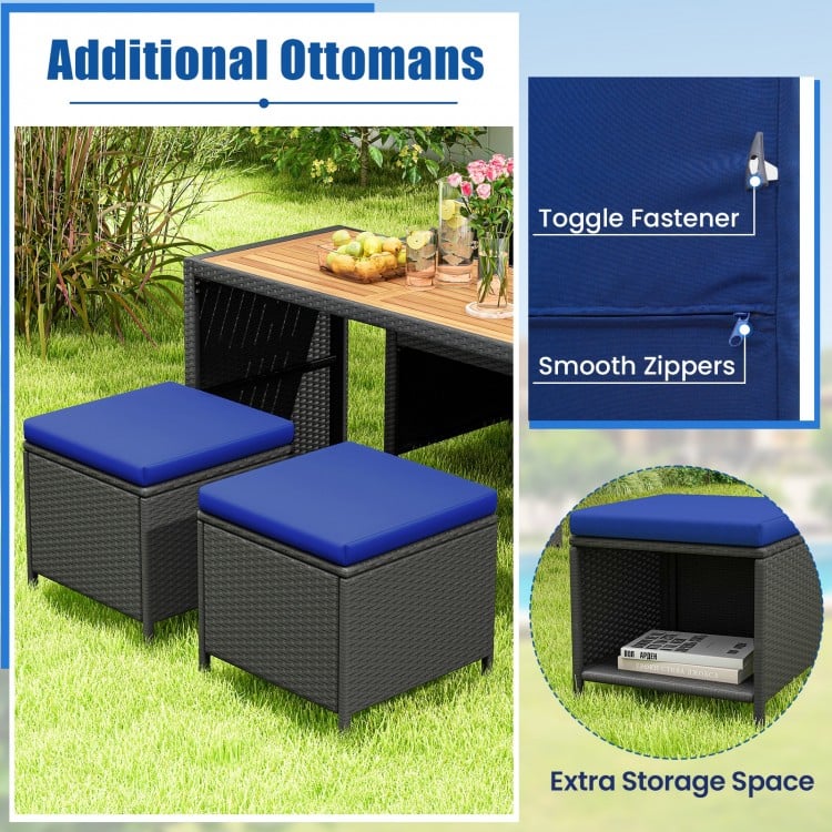 4 Piece Outdoor Dining Set with Wood Topped Dining Table Rattan Loveseat Chair and 2 Ottomans-Navy