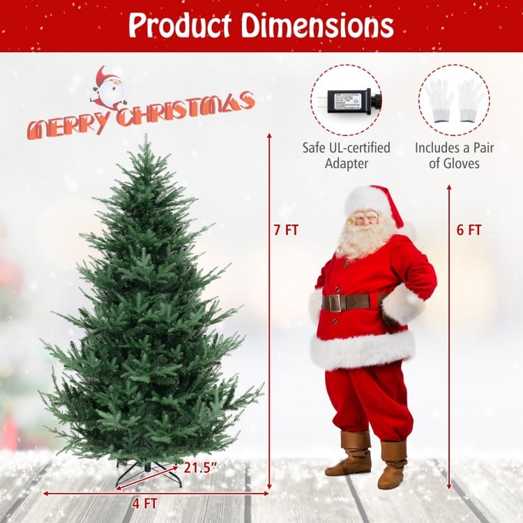 7 FT Pre-Lit Artificial Hinged Xmas Tree with 778/1480 PVC and PE Branch Tips