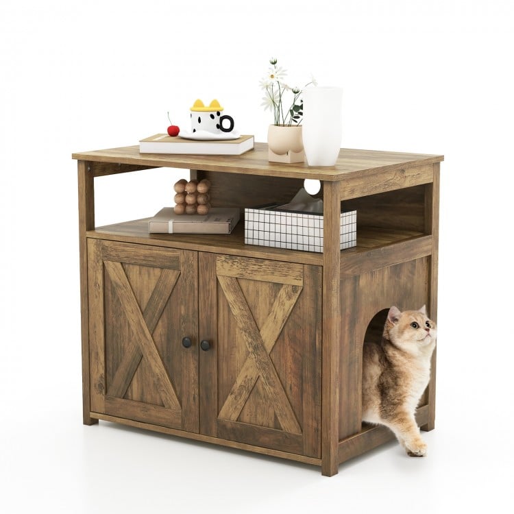 Cat Litter Box Enclosure with Double Barn Doors Divider Side Entry and Storage Shelf