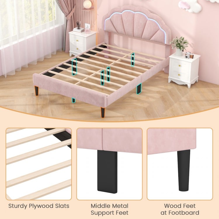 Upholstered LED Bed Frame with Adjustable Flower Headboard and Metal Support Feet Pink-Queen Size