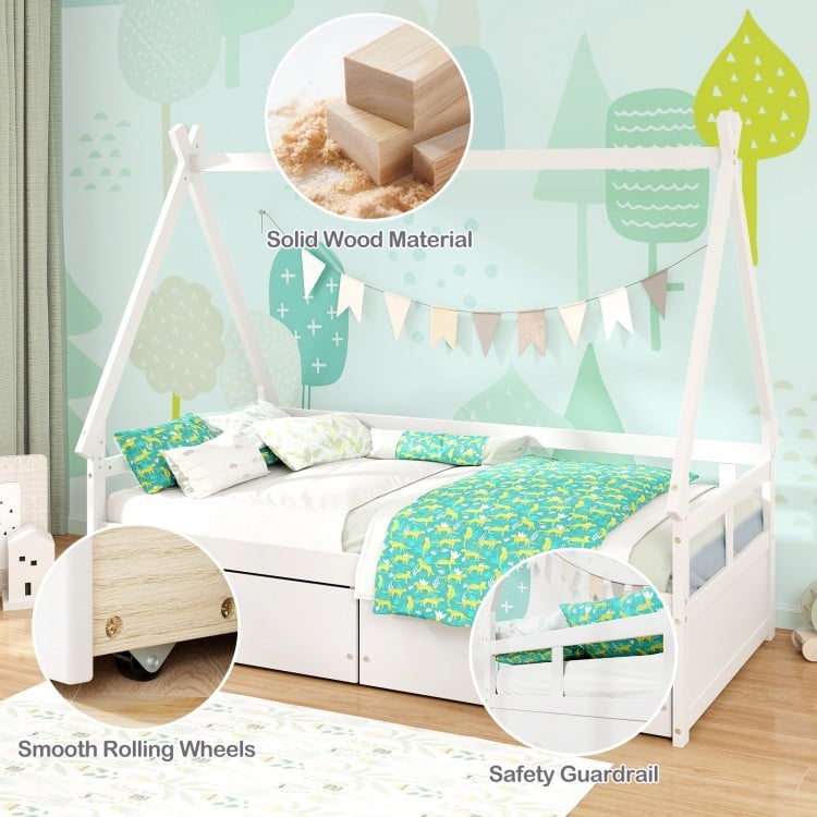 Twin Size House Bed with Roof and Safety Guardrail-White
