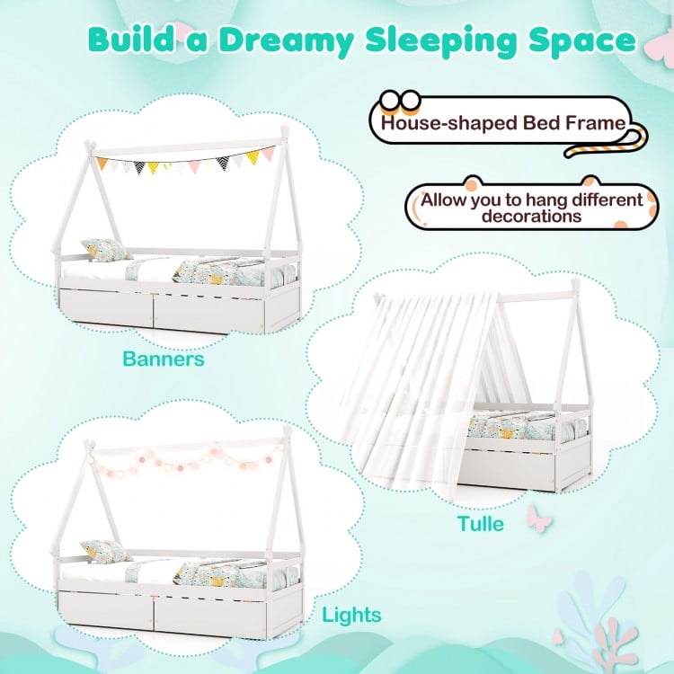 Twin Size House Bed with Roof and Safety Guardrail-White