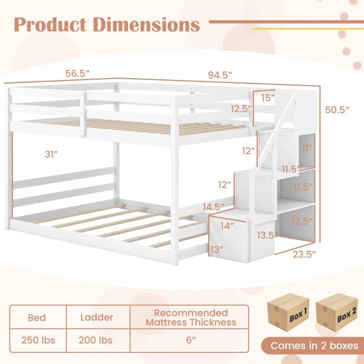 Solid Wood Full Over Full Low Bunk Bed with Storage Stairs-White