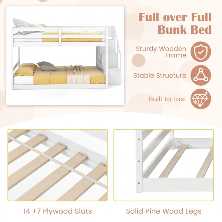 Solid Wood Full Over Full Low Bunk Bed with Storage Stairs-White