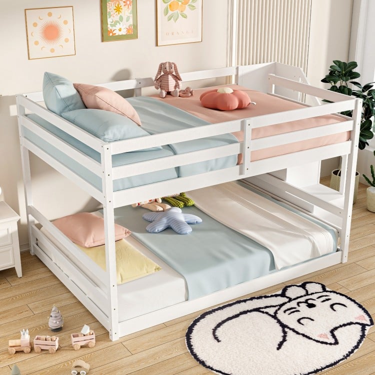 Solid Wood Full Over Full Low Bunk Bed with Storage Stairs-White