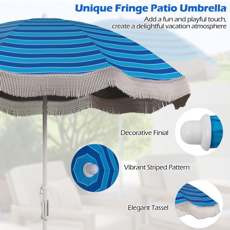 6.5 FT Beach Umbrella with Fringe Outdoor Tassel Umbrella with Push Button Tilt-Navy