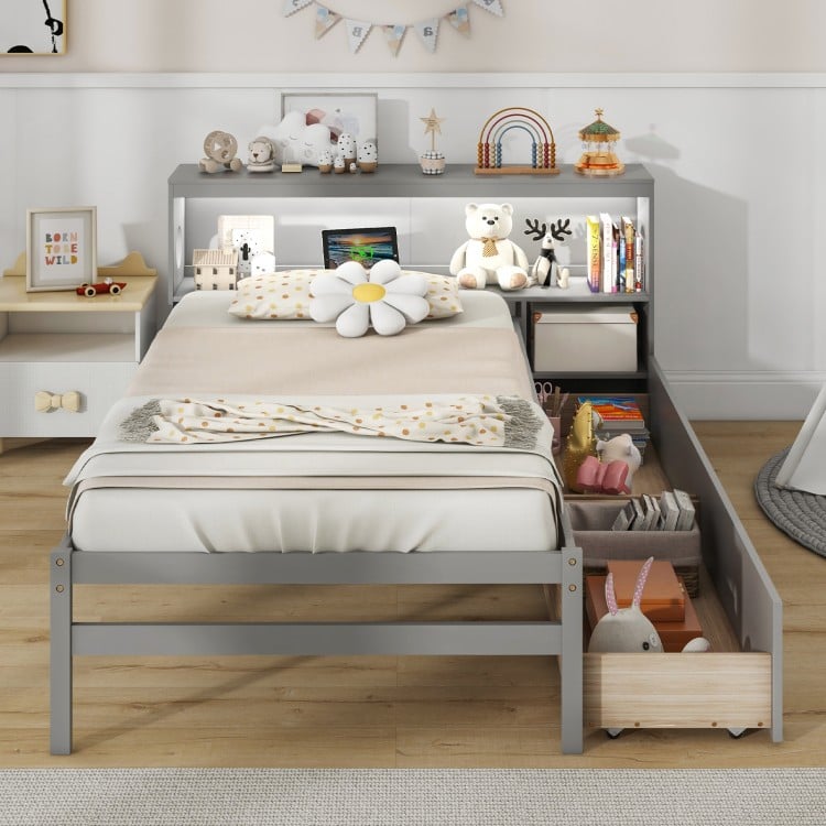 Twin Size Bed Frame with LED Light and Bookcase Headboard-Gray