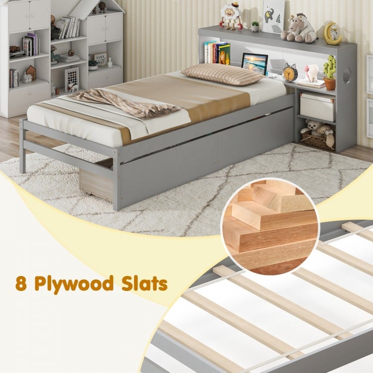 Twin Size Bed Frame with LED Light and Bookcase Headboard-Gray