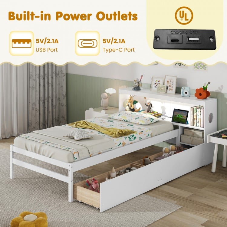 Twin Size Bed Frame with LED Light and Bookcase Headboard-White
