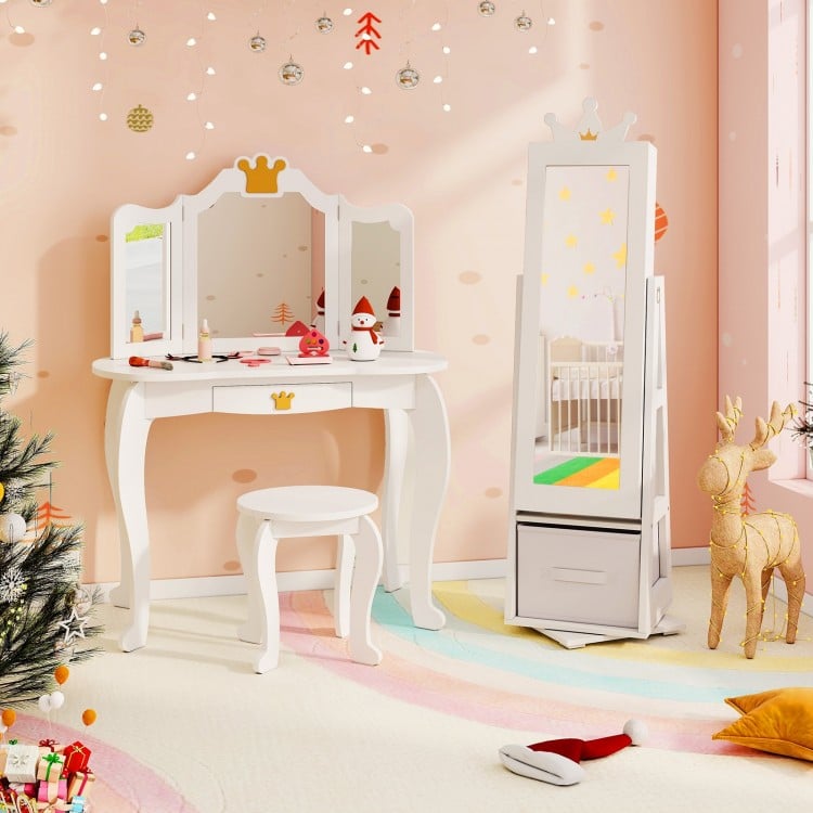 Kids Jewelry Armoire Cabinet with Large Storage Capacity and Swivel Base-White