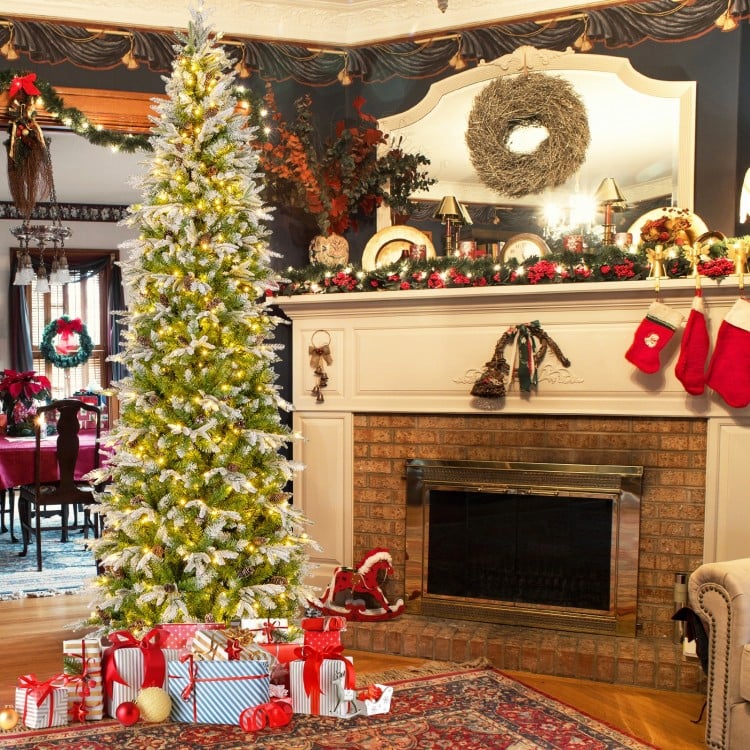 9 Feet Pre-Lit Artificial Christmas Tree Snow Flocked Hinged