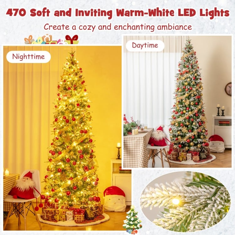 9 Feet Pre-Lit Artificial Christmas Tree Snow Flocked Hinged