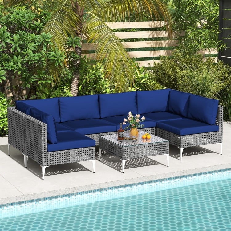 7 Piece Outdoor Furniture Set Wicker Chairs with Tempered Glass Coffee Table-Navy