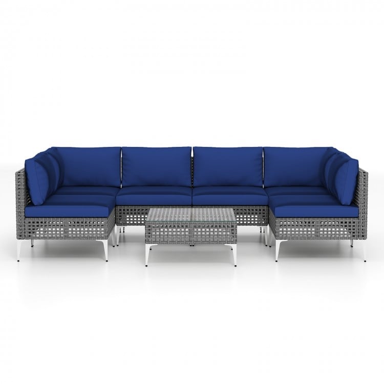 7 Piece Outdoor Furniture Set Wicker Chairs with Tempered Glass Coffee Table-Navy