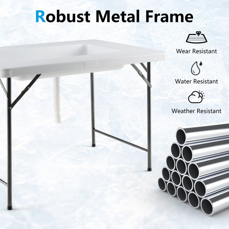 4 Feet Folding Ice Bin Table with Skirt for Camping Picnic Wedding with Ice Bucket-White