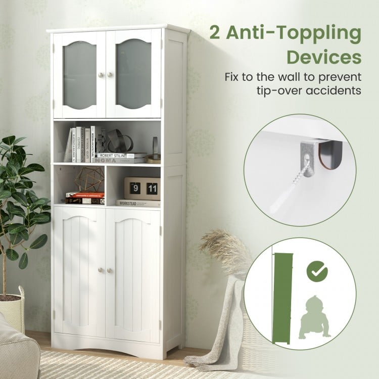 58.5 Inch Freestanding Linen Bathroom Storage Cabinet with Frost Glass Doors-White