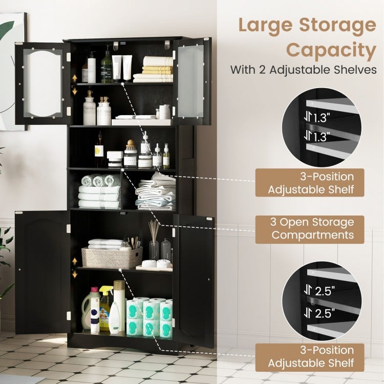 58.5 Inch Freestanding Linen Bathroom Storage Cabinet with Frost Glass Doors-Black