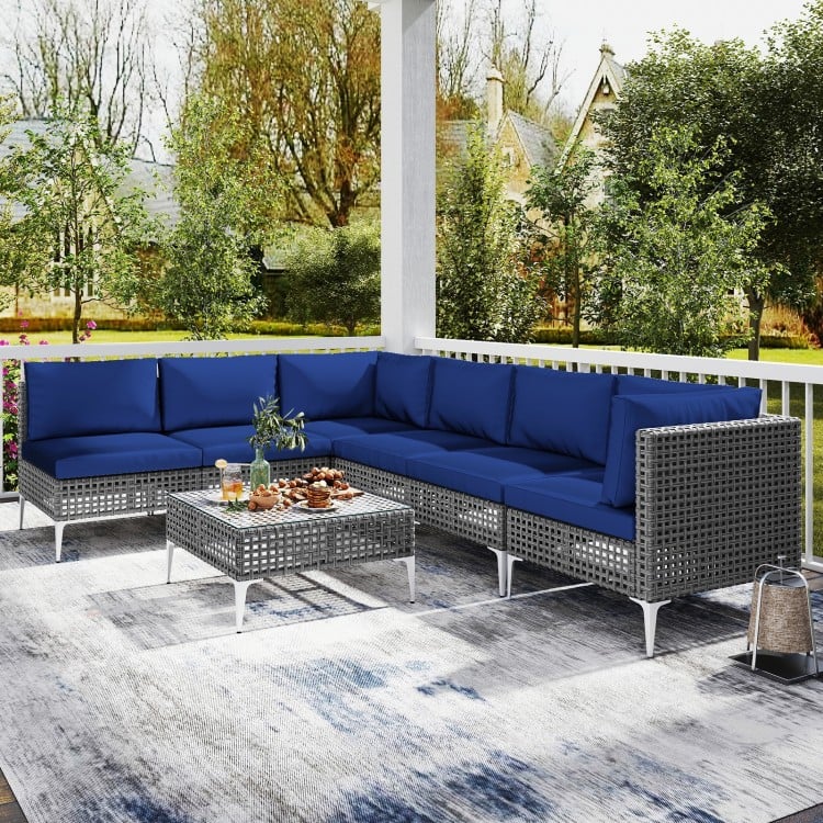 7 Piece Outdoor Furniture Set Wicker Chairs with Tempered Glass Coffee Table-Navy